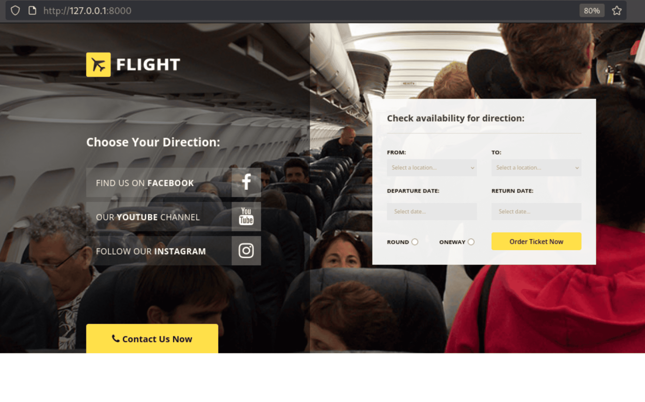 browser showing FLIGHT travel website at 127.0.0.1:8000 with choose your direction booking interface