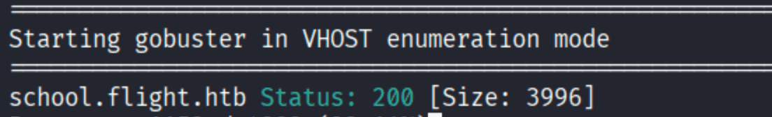 gobuster vhost enumeration finding school.flight.htb returning HTTP 200 with size 3996