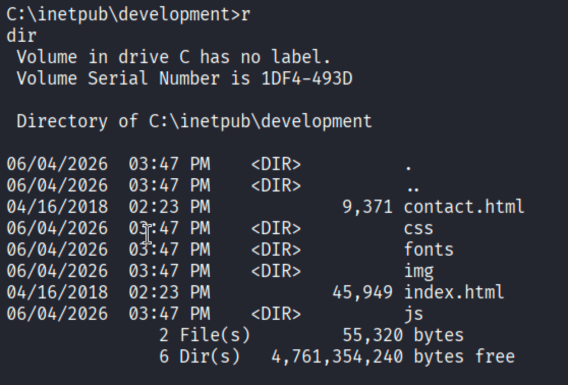 dir listing of C:\\inetpub\\development showing contact.html css fonts img index.html js files dated 06/04/2026