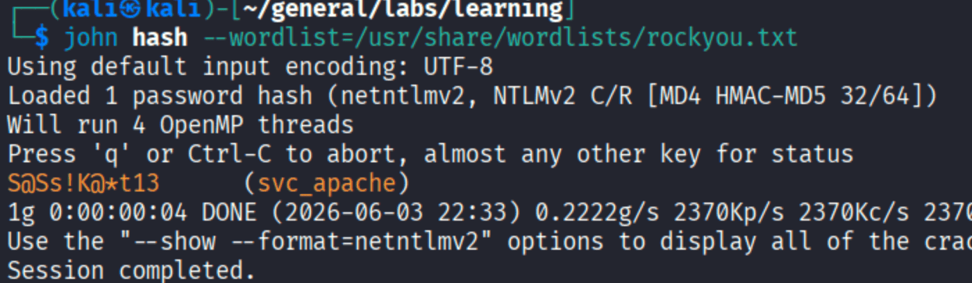 john cracking svc_apache NTLMv2 hash with result S@Ss!K@*t13 for svc_apache in under a minute