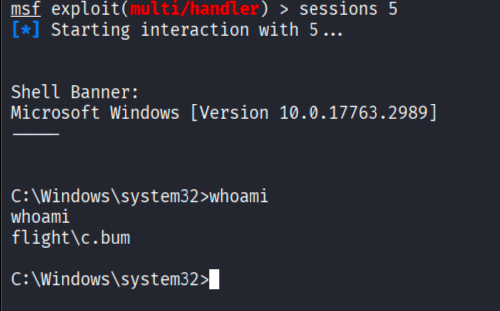 msfconsole sessions 5 showing whoami returns flight\\c.bum at C:\\Windows\\system32