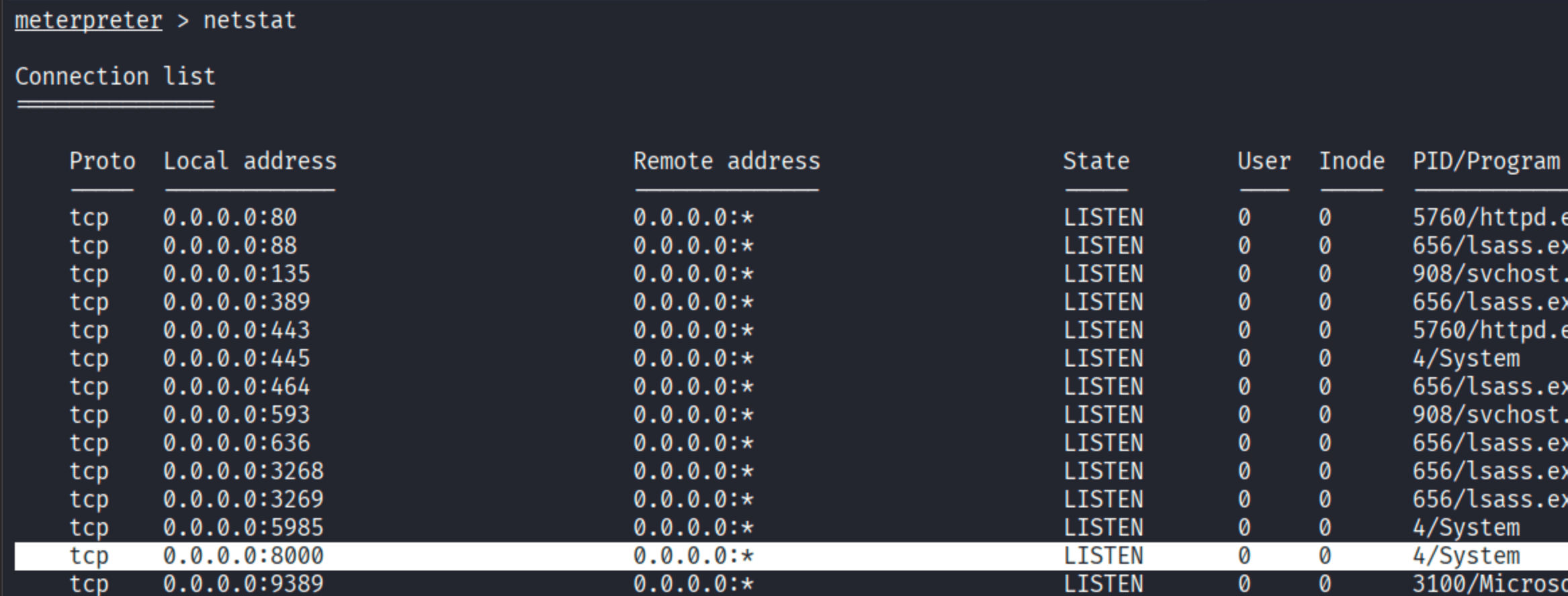 meterpreter netstat showing port 8000 listening on 0.0.0.0 alongside the other standard AD ports