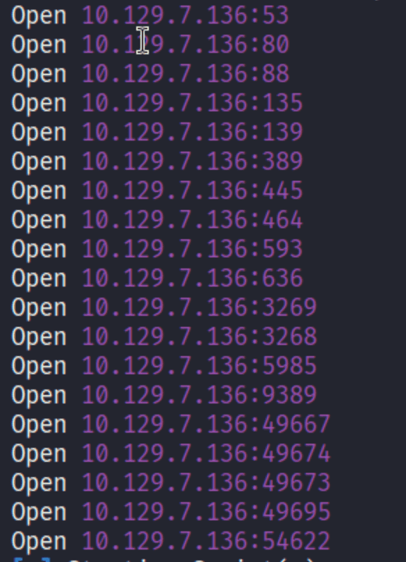 nmap scan showing ports 53 80 88 135 139 389 445 464 593 636 3268 3269 5985 9389 open on 10.129.7.136
