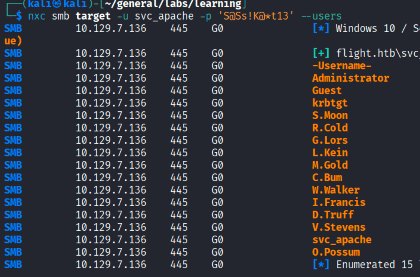 nxc smb enumeration with svc_apache credentials showing 15 domain users including Administrator S.Moon R.Cold G.Lors L.Kein M.Gold C.Bum W.Walker I.Francis D.Truff V.Stevens svc_apache O.Possum