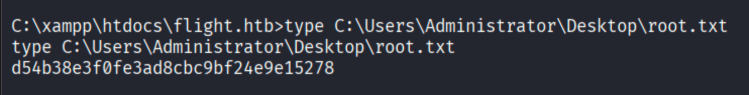 type C:\\Users\\Administrator\\Desktop\\root.txt returning root flag d54b38e3f0fe3ad8cbc9bf24e9e15278