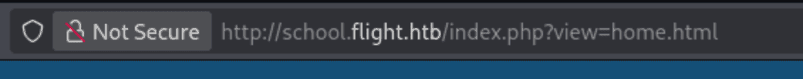 browser showing school.flight.htb/index.php?view=home.html with a PHP view parameter in the URL