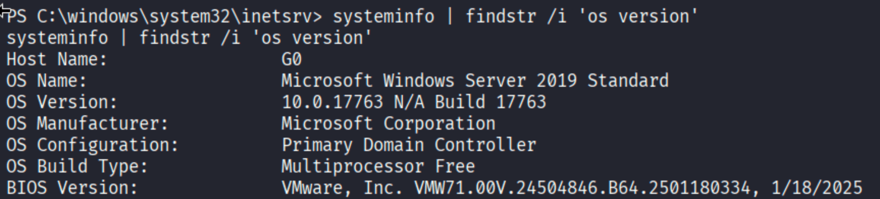 systeminfo output showing OS Name Microsoft Windows Server 2019 Standard Build 17763 Primary Domain Controller VMware