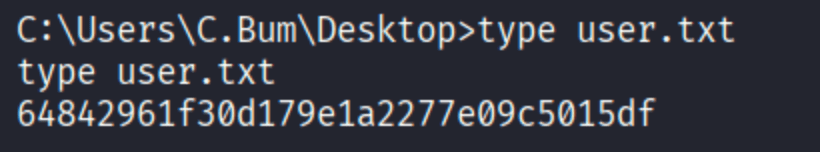 type user.txt at C:\\Users\\C.Bum\\Desktop returning the user flag hash 64842961f30d179e1a2277e09c5015df