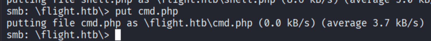 smbclient uploading shell.php and cmd.php to the flight.htb web share showing successful put operations