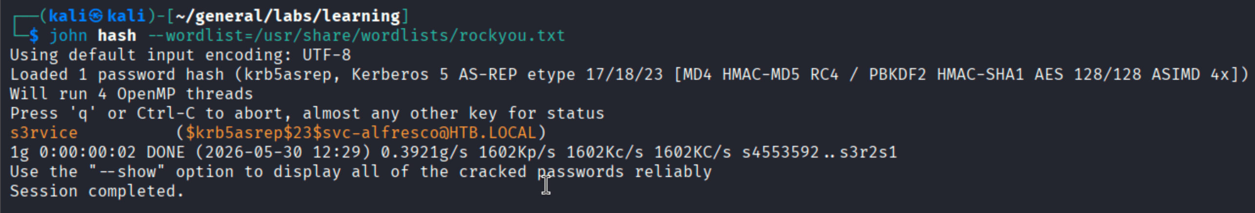 john cracking the AS-REP hash with rockyou.txt, finding the password s3rvice