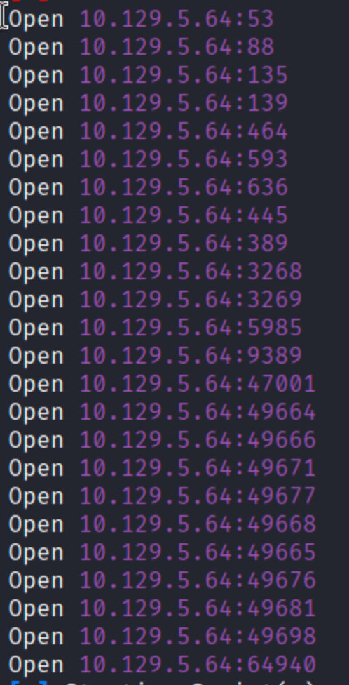 nmap scan showing standard Active Directory ports open including 53, 88, 389, 445, 3268, and 5985