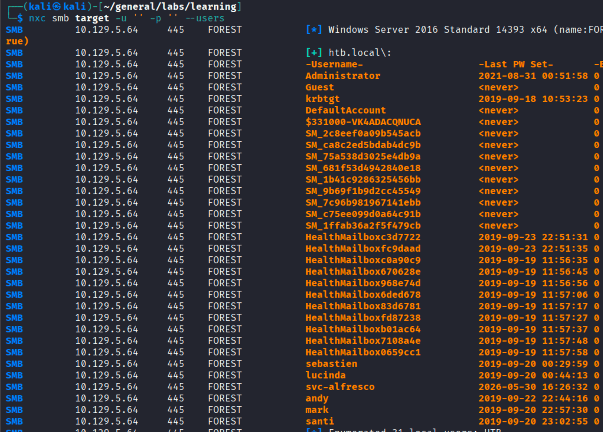 nxc SMB user enumeration showing domain users including svc-alfresco, lucinda, andy, mark, and santi among others