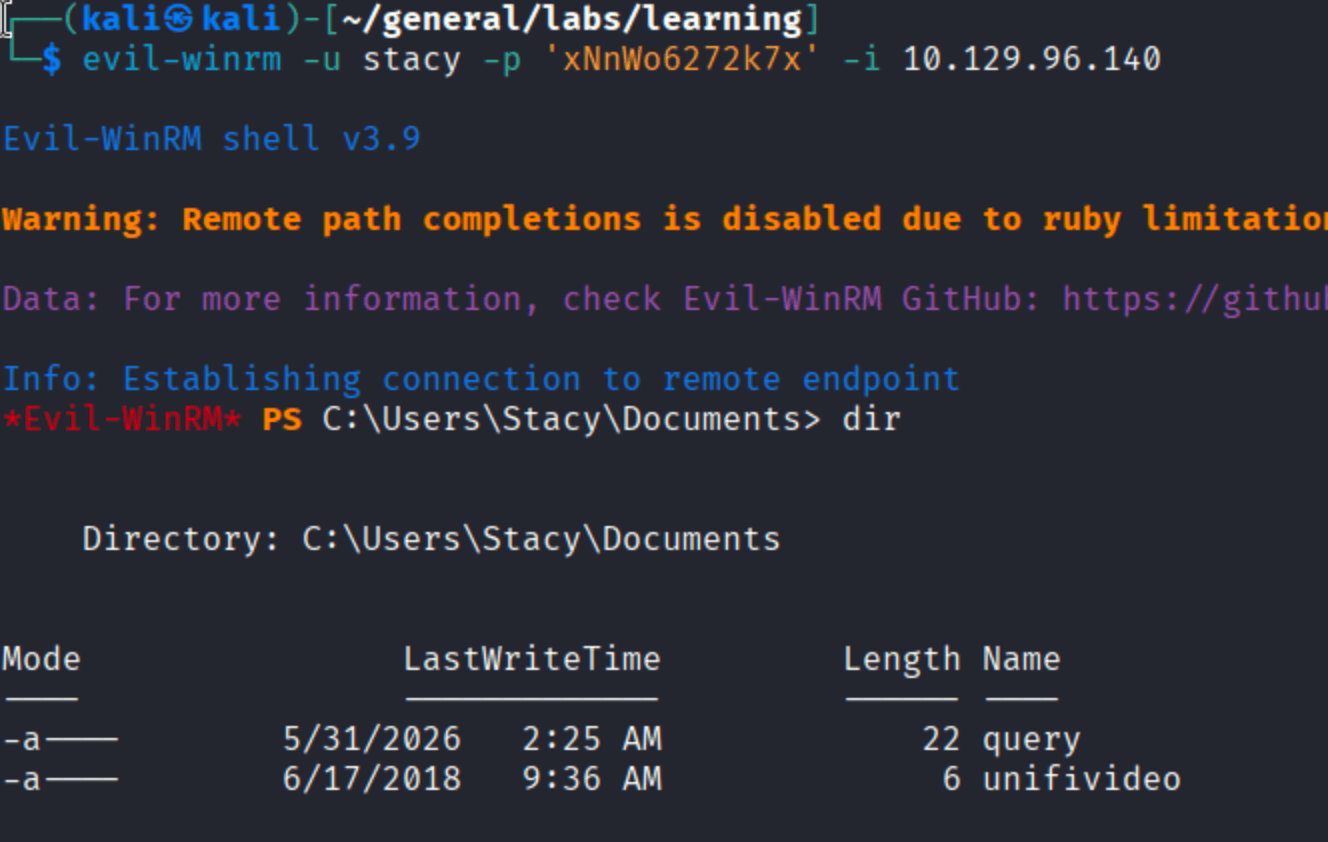 Evil-WinRM shell as Stacy showing Documents directory with query and unifivideo files