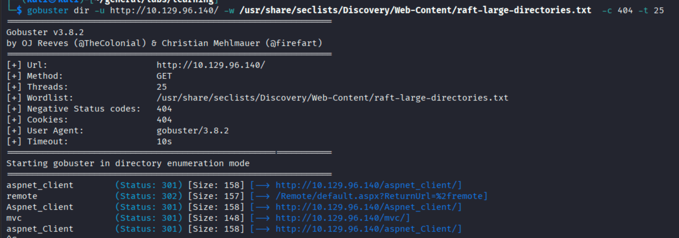 gobuster directory scan finding /aspnet_client, /remote, /mvc, and /aspnet_Client paths