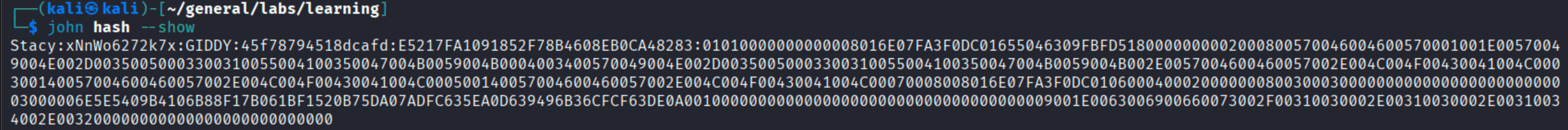 john cracking Stacy's NTLMv2 hash with rockyou.txt, finding the password xNnWo6272k7x