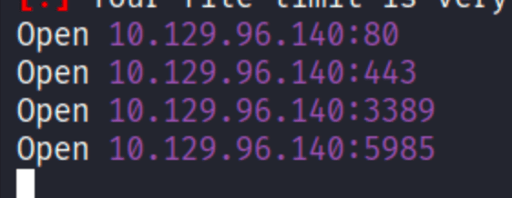 nmap scan showing ports 80, 443, 3389, and 5985 open on the target