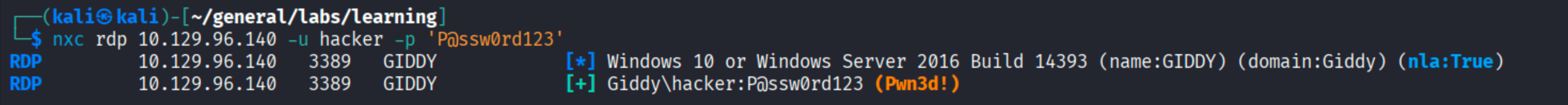 nxc RDP confirming hacker:P@ssw0rd123 credentials work on the target with Pwnd confirmation