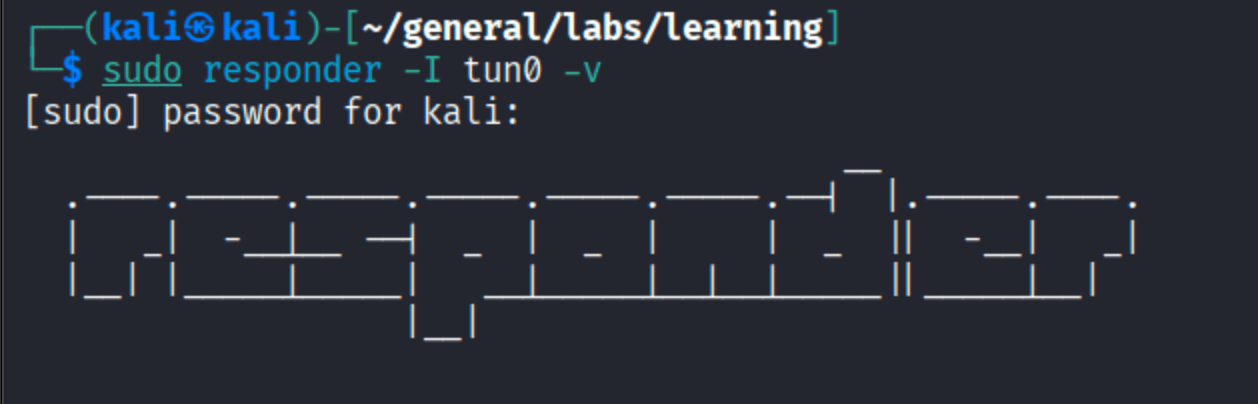 Responder tool starting up and listening on tun0 interface for NTLM authentication requests
