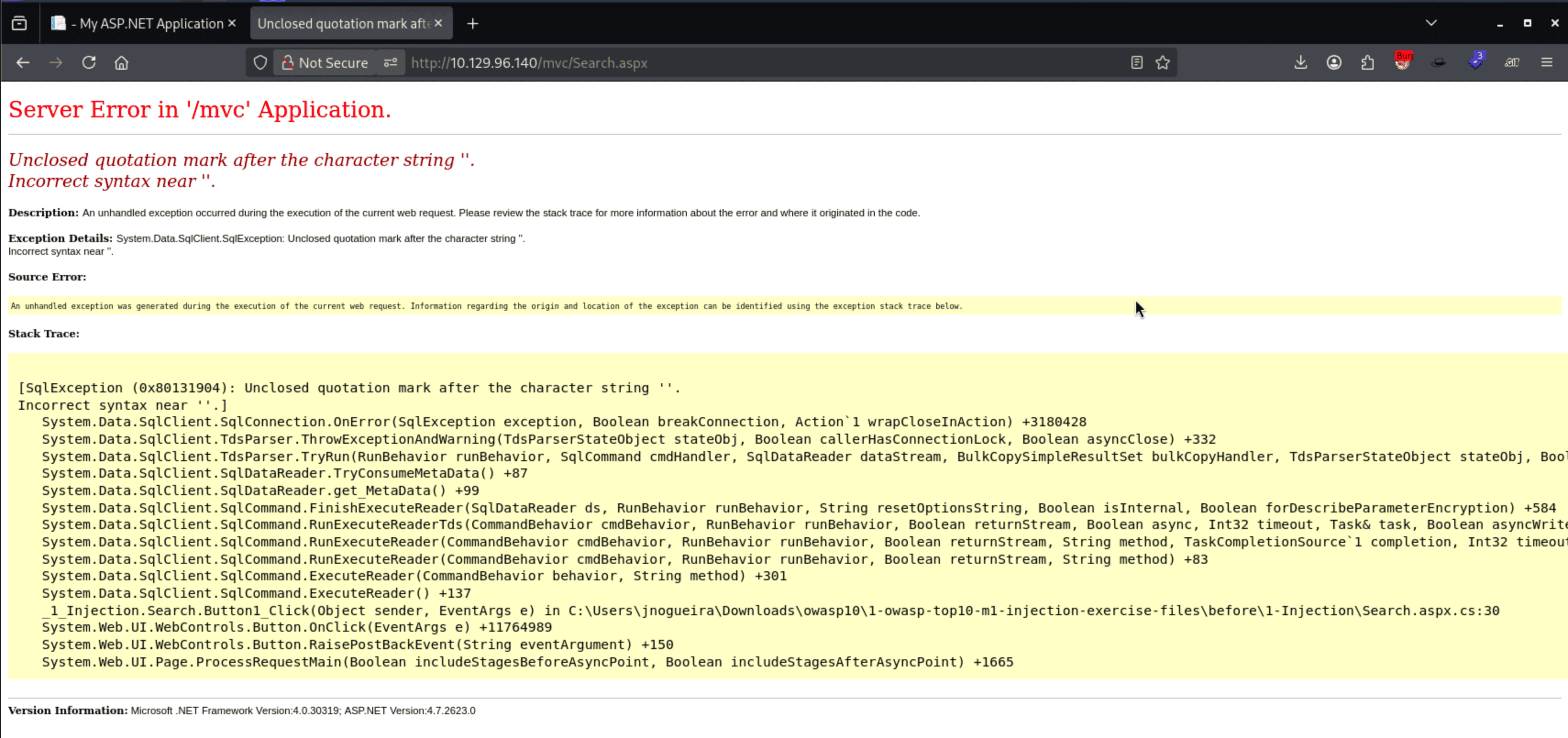 SQL Server error page showing unclosed quotation mark syntax error confirming SQL injection