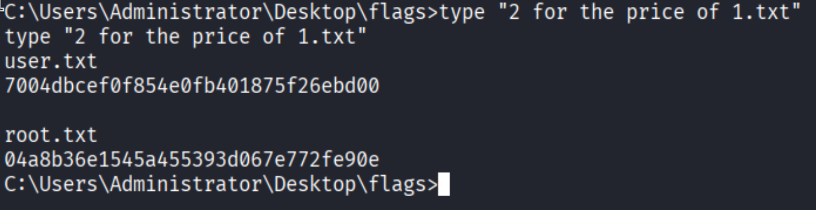 type &ldquo;2 for the price of 1.txt&rdquo; showing user.txt and root.txt hashes on the same flag file