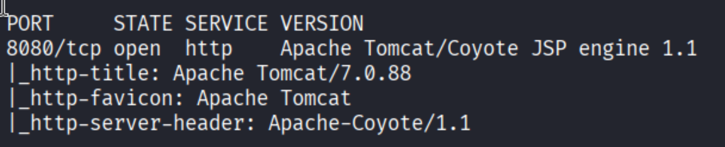 Nmap output: port 8080 open, Apache Tomcat/Coyote JSP engine 1.1, version 7.0.88