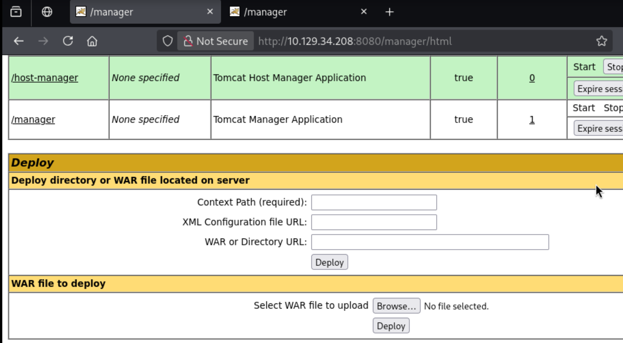 Tomcat Manager page with application list and WAR file deploy section