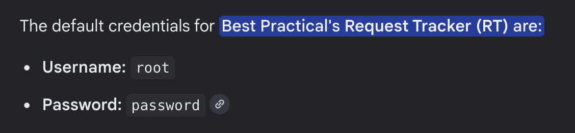RT default credentials: root / password