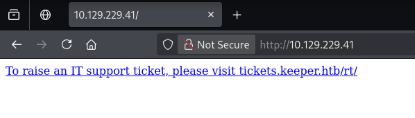 Browser showing tickets.keeper.htb redirect