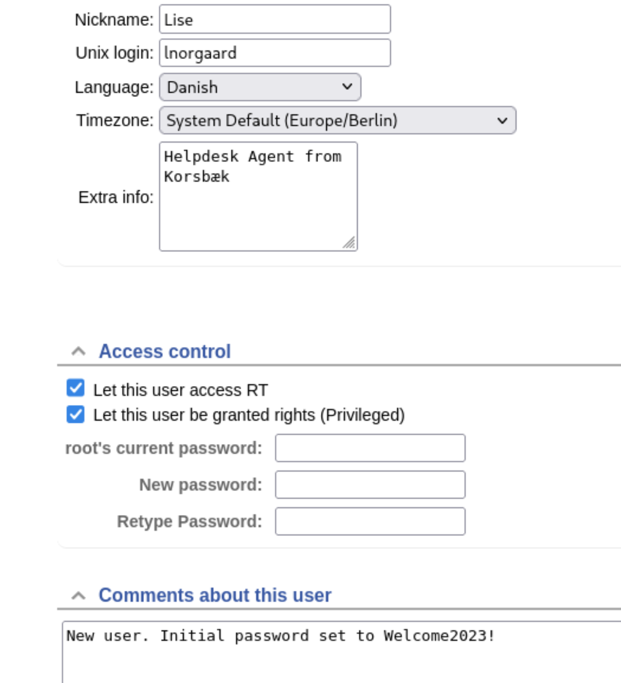 User profile comment with Welcome2023! password