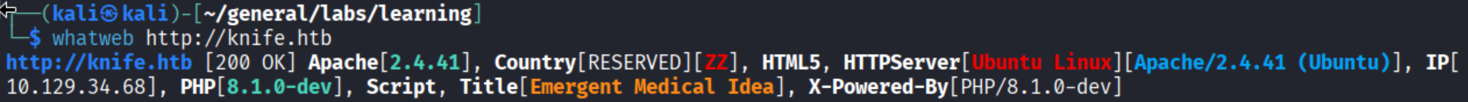 WhatWeb output showing PHP 8.1.0-dev